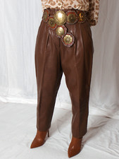 Womens Leather Pants Brown 8/38 SOFT Lambskin Vintage 80s 90s Mom Pleats Tapered