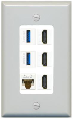 RiteAV 3 Port HD 2 Port USB 3.0 1 CAT6-RJ45 Wall Plate - 1 Gang [Gray/White]