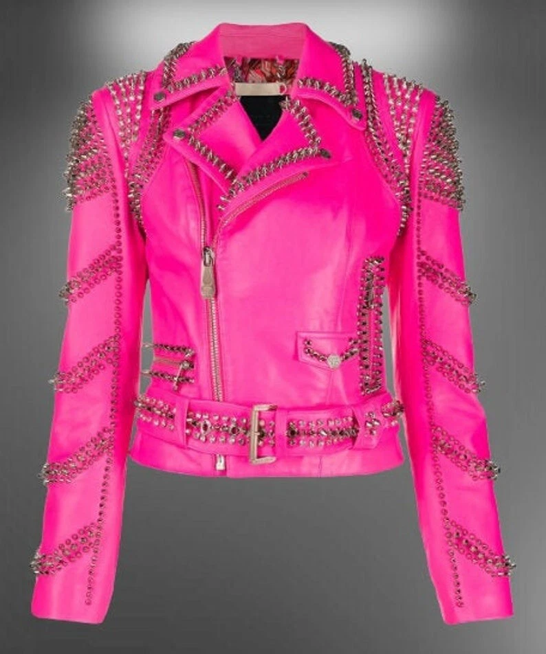 Pink Studded Moto Jacket, Pink Biker Jacket with Studs, Pink Punk