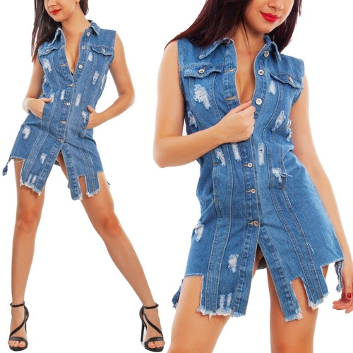Giacca jeans donna gilet denim smanicato strappi giubbotto lungo TOOCOOL  VI-2431 | eBay