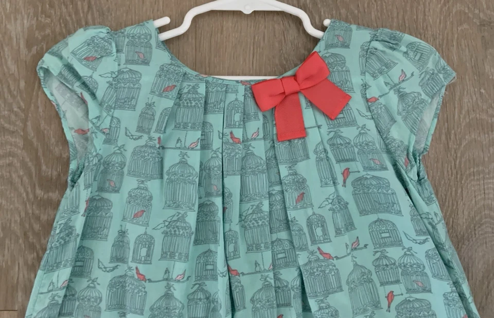 切诺基女孩尺寸 4T 完好绿色 100% 人造丝连衣裙带鸟笼和粉红色蝴蝶结 — 第 2/4 张图片