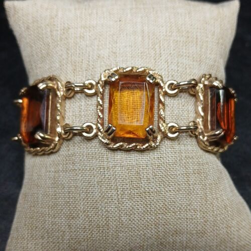 Vintage SARAH COVENTRY Link Bracelet Topaz Rhinestone Gold Tone. 11-721