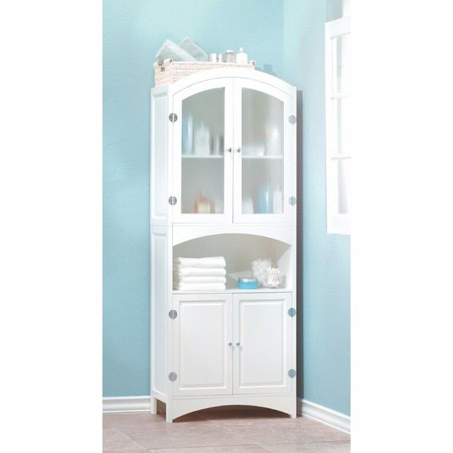 Bathroom Linen Storage Cabinet White W Glass Doors Open Shelf