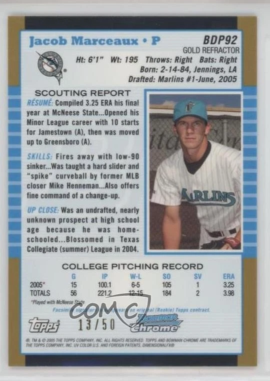 2005 Bowman Draft Chrome Gold Refractor /50 Jacob Marceaux #BDP92 Rookie RC - Image 2 of 2