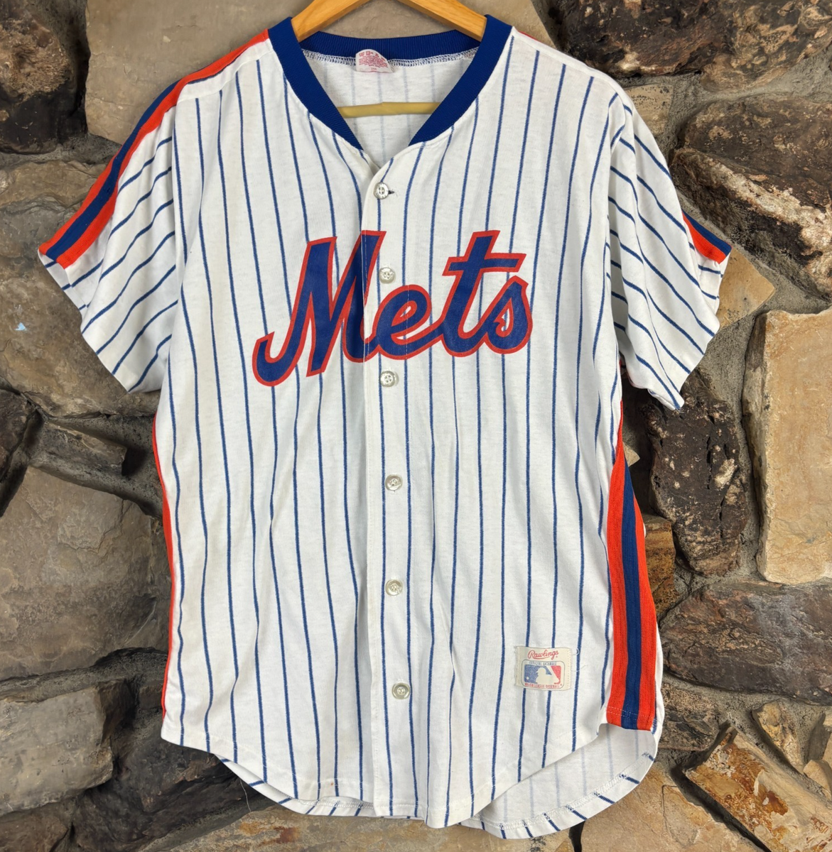 Vintage 80s New York Mets Rawlings Pinstripe MLB Button Jersey Blank Medium  USA