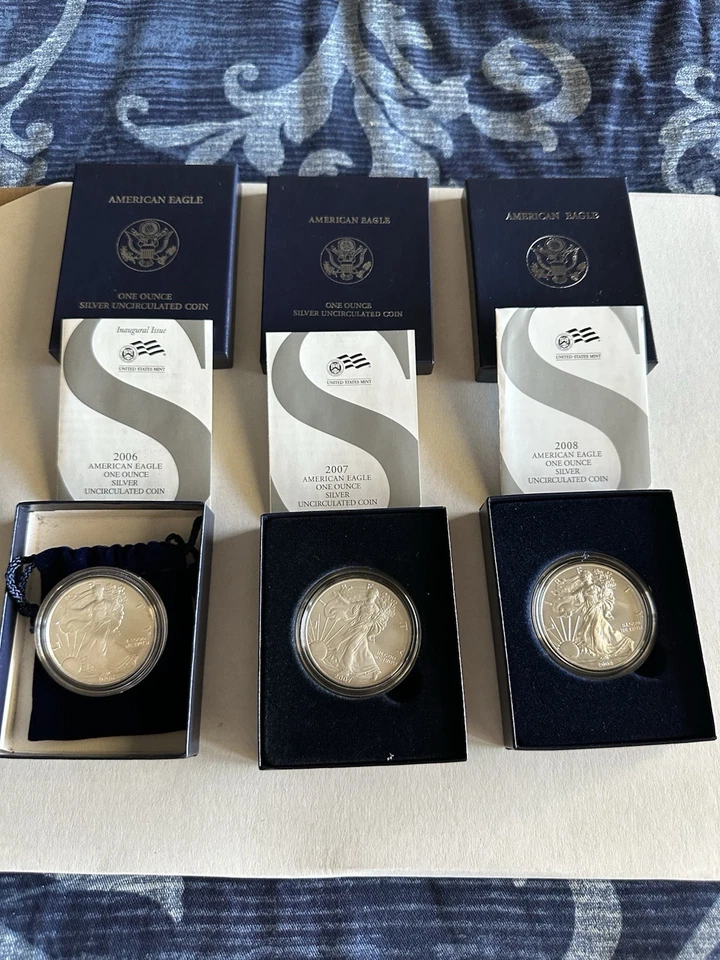 (Juego de 3) 2006/07/08 West Point American Silver Eagles bruñido sin circular Foto 3 de 4