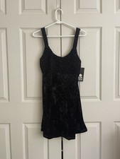 Vtg 90s Up Front Black Velvet Smocked Tank Mini Dress Size Medium USA Made NWT