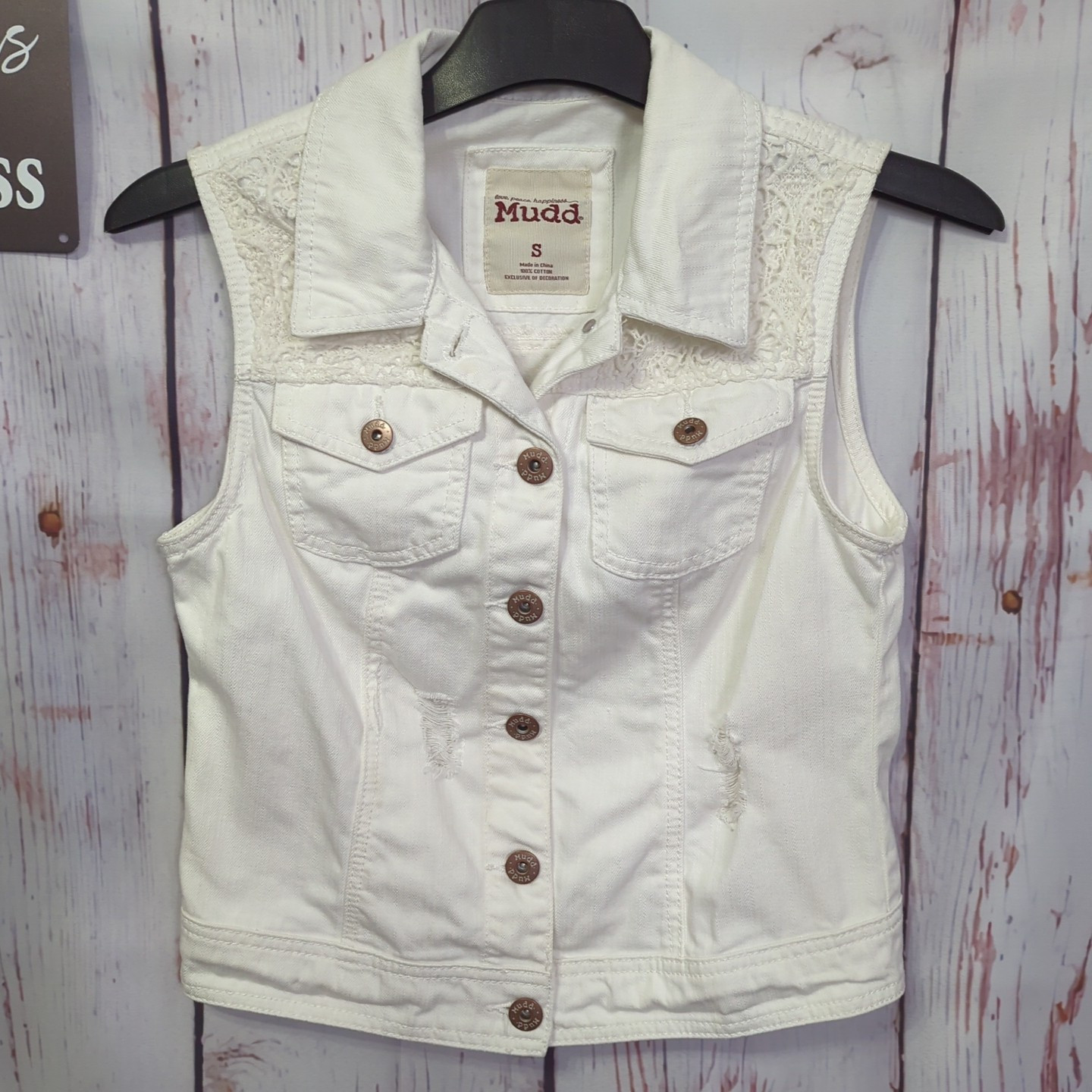 Mudd White Button Front Distressed Denim Vest Size S Lace Crochet Insert   [PT2]