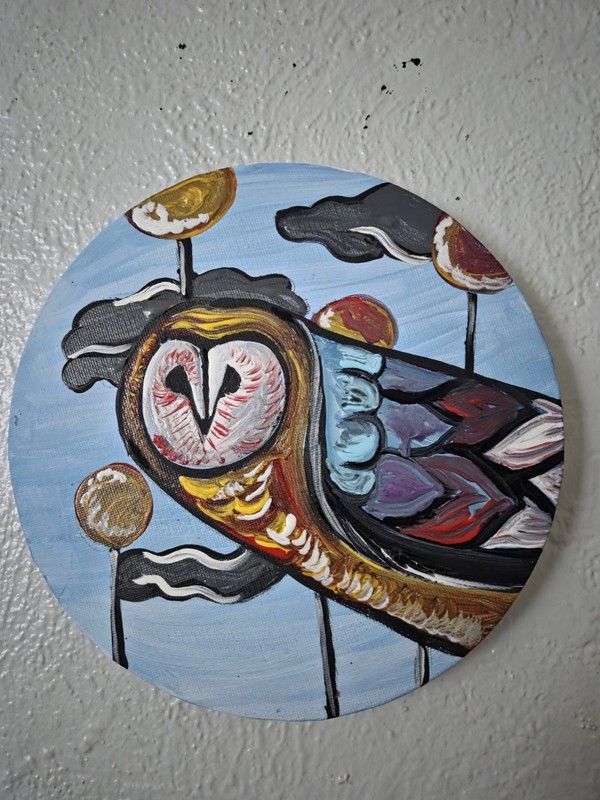 Owl Abstract Painting Who Who's There 6inch Round Canvas Acrylic Painting