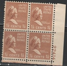 #805 1938 1 and 1/2-cent Martha Washington block of 4 with plate# MNH
