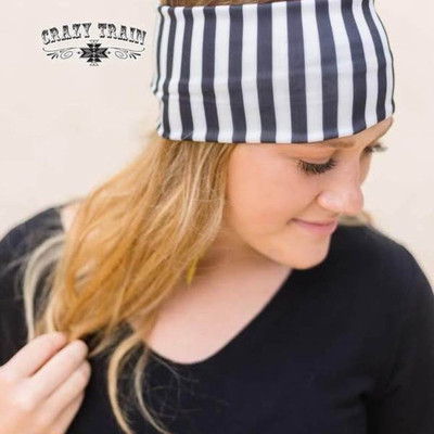 CRAZY TRAIN silky feeling black and white striped stretchy headband  EUC!!