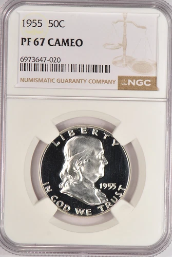 1955 Franklin Half Dollar Proof NGC PF 67 CAMEO PR67CAM Frosty Silver Coin 50C