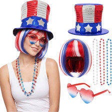 6 Pcs 4Th of July Patriotic Costume Set Red White and Blue Top Hat Wig Sunglasse