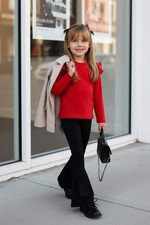 Three Piece Set - Red Long Sleeve Top with Frills, Flare Pants and Headband