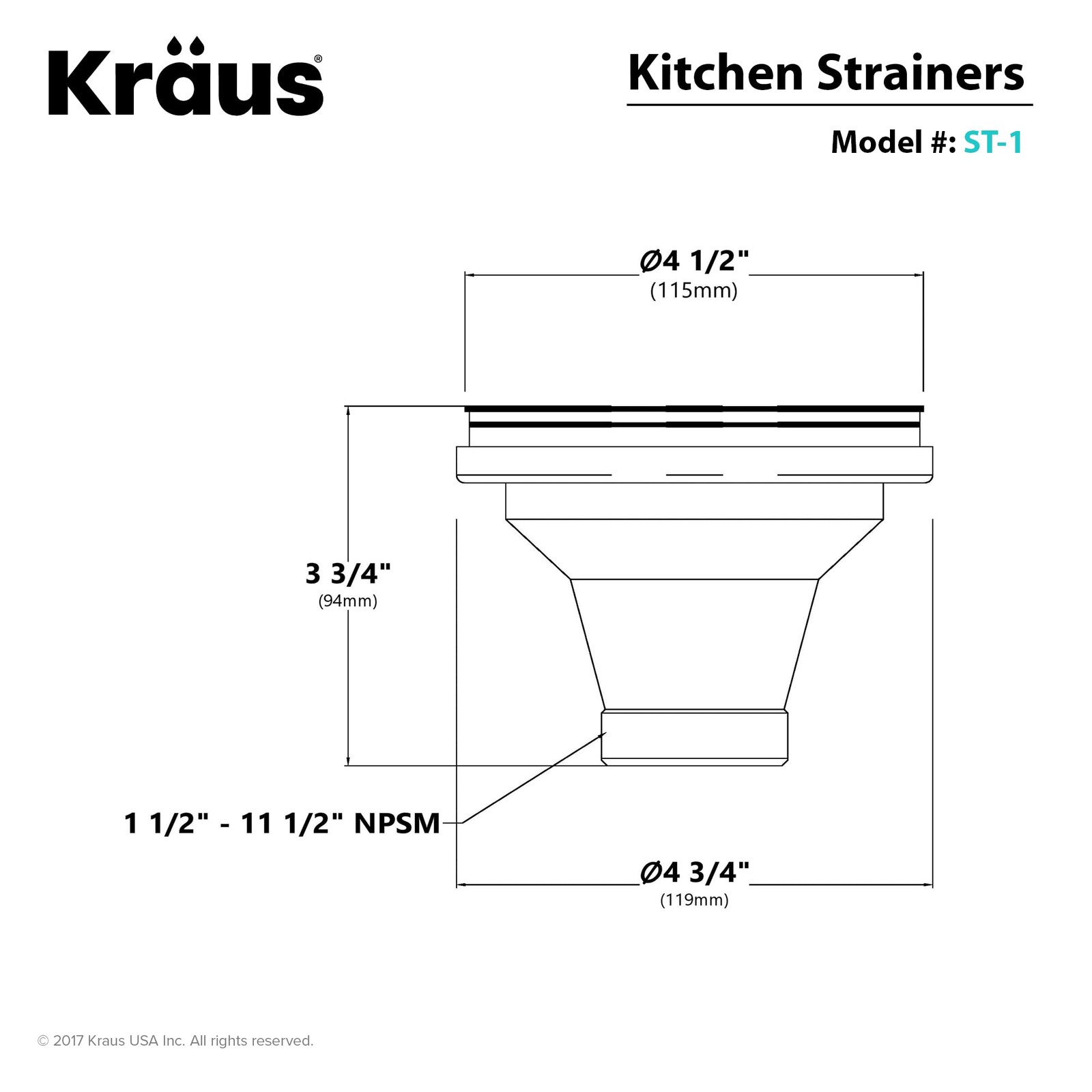 Kraus Kitchen Sink Stainless Steel Drain Assembly DRAINER Fits Std. 3.5 & 4" Ope