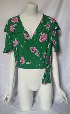 River Island Green Floral Wrap Top Size 12 Pink Flower Print Crop Blouse