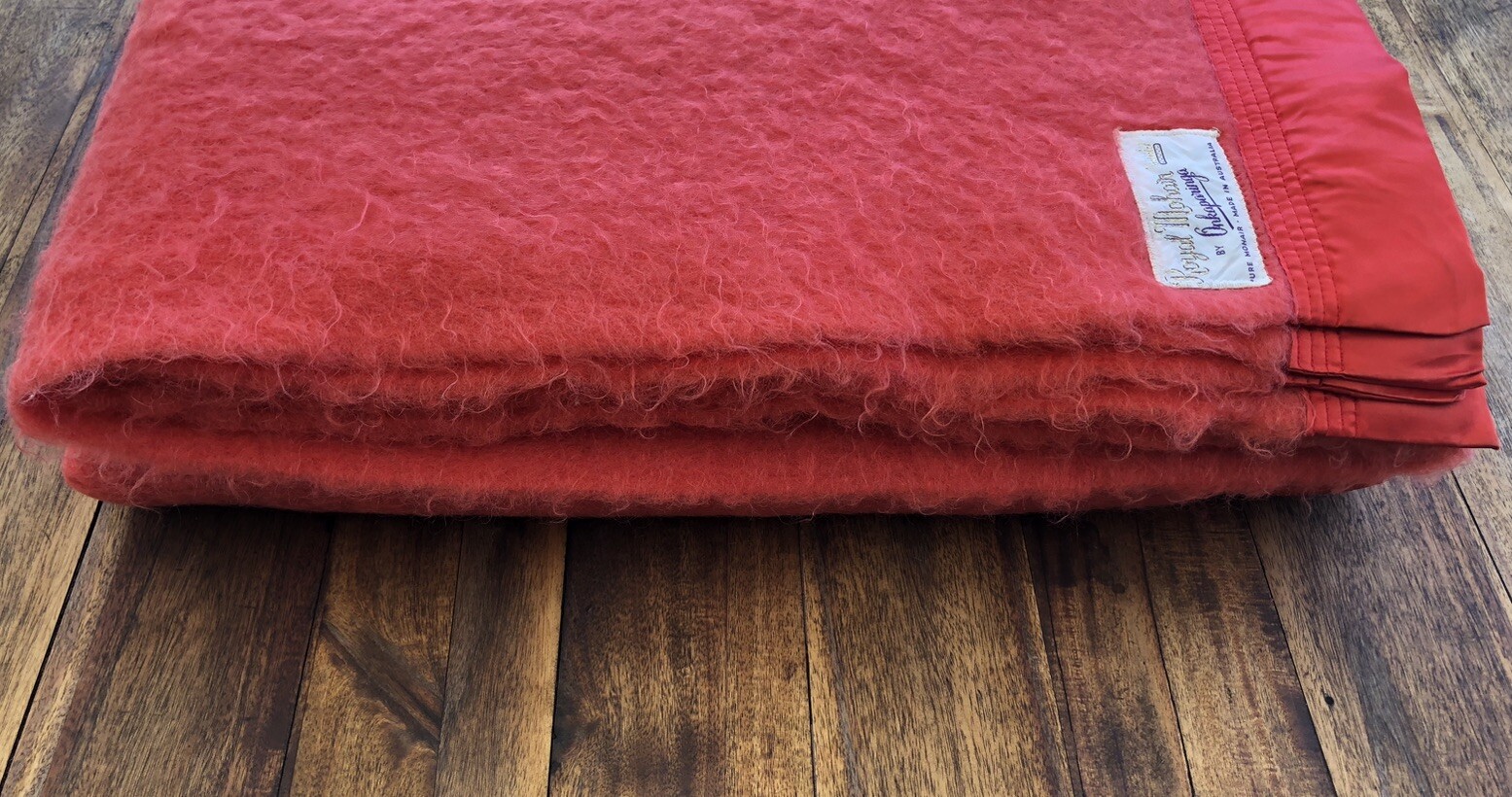 VINTAGE RED ONKAPARINGA ROYAL 100 MOHAIR LARGE BLANKET. 2.4 x 2.2 m
