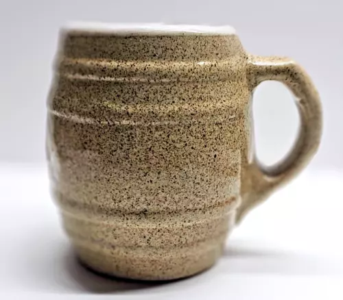Art Pottery Coffee Tea Mug Barrel Tan Speckled Handmade - Signed on Bottom