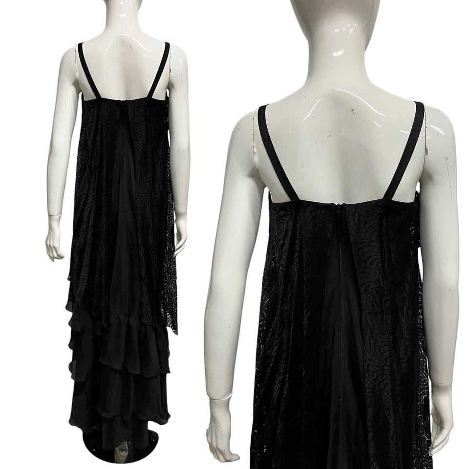 Vintage 70's Robe Noir Dentelle Maxi Soirée / Fête / Cocktail 10 Rétro Witchy - Photo 2/4