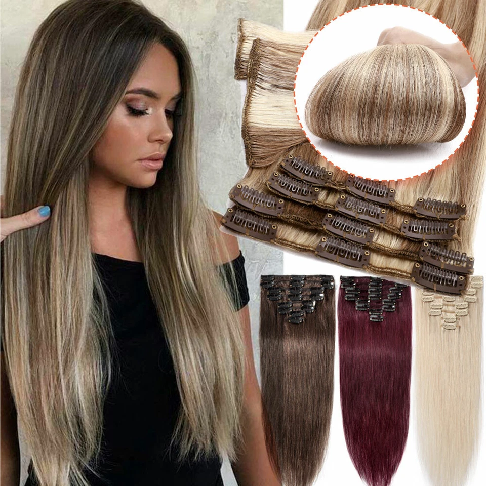 100% Real Remy Human Hair Extensions Clip In 8Pcs Full Head Long Medium Short UK
