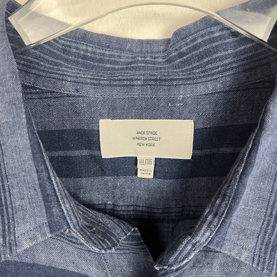 Jack Spade Shirt XXL Mens Hatton Trim Fit Button Short Sleeve Blue Stripe Linen - Image 4 of 4