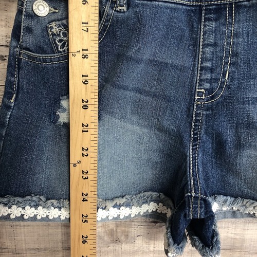 Jordache Girls Short Blue Jean Overalls Size XL (14-16) Floral Trim Distressed - Picture 7 of 9