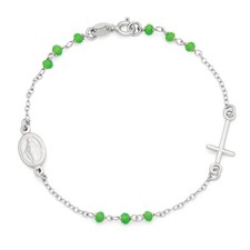 Bracciale in argento sterling perle verdi con medaglia miracolosa e croce
