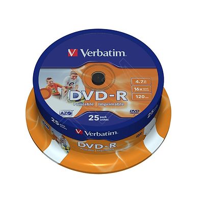 25 Verbatim DVD-R Full Face Tintenstrahl bedruckbar 700MB (16x) 120Min 43538 Spindel