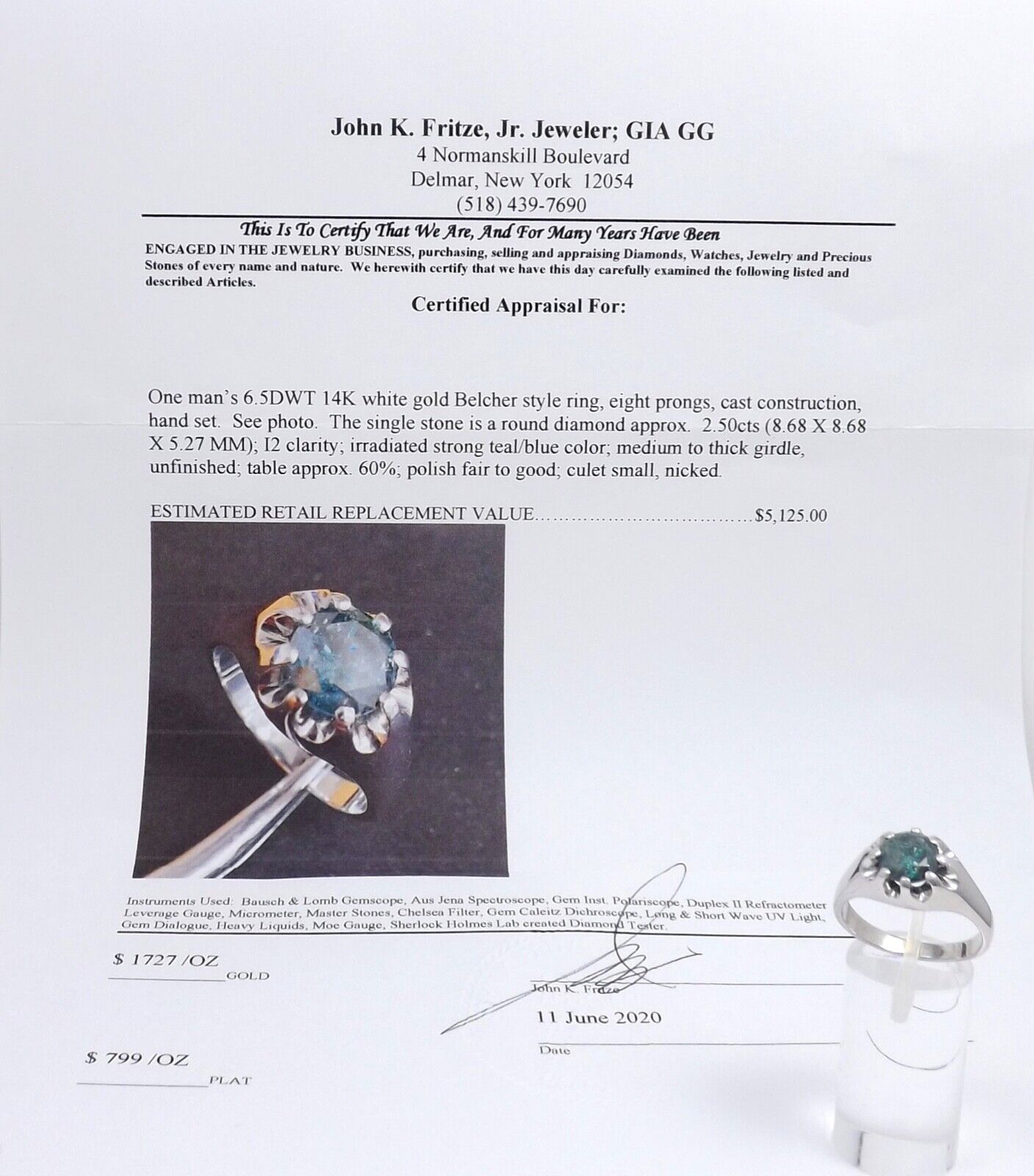14k White Gold Solitaire Vivid Blue Diamond Belch… - image 2
