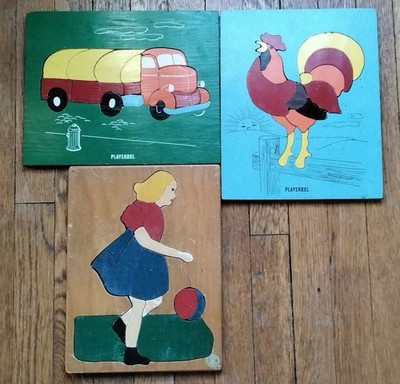 Two Vintage Playskool & One Judy Wooden Puzzle Very  Early Ones