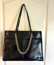 Women’s Black Patent Faux Leather Shoulder Bag Silver Chain, Inner Pockets