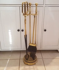 Vintage Solid Brass Fireplace Tool Set Poker Brush Tongs 28"  3 Tools & Stand