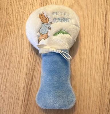 VTG Beatrix Potter Peter Rabbit Bunny Plush Baby Rattle Toy, Blue & White