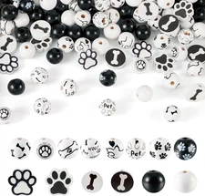 Pandahall 200Pcs Dog Paw Print Wood Beads White Black Paw Bone Wood Beads Animal