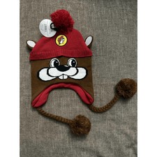 Buc-ee's Beaver Mascot Winter Beanie Knit Hat Red Brown Pom Pom Ear Flaps NWT