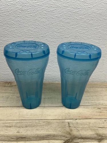 Vtg Coca Cola 32oz Translucent Blue Plastic Tumblers Set Of 2 With Lids