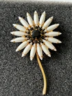 Vintage Milk Glass and Blk Stone Flower Brooch