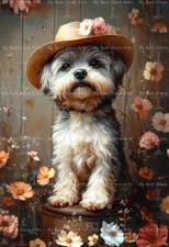 SHIH TZU IN A STRAW HAT ART PRINT, Floral Pet Portrait, Dog Poster, Puppy E163