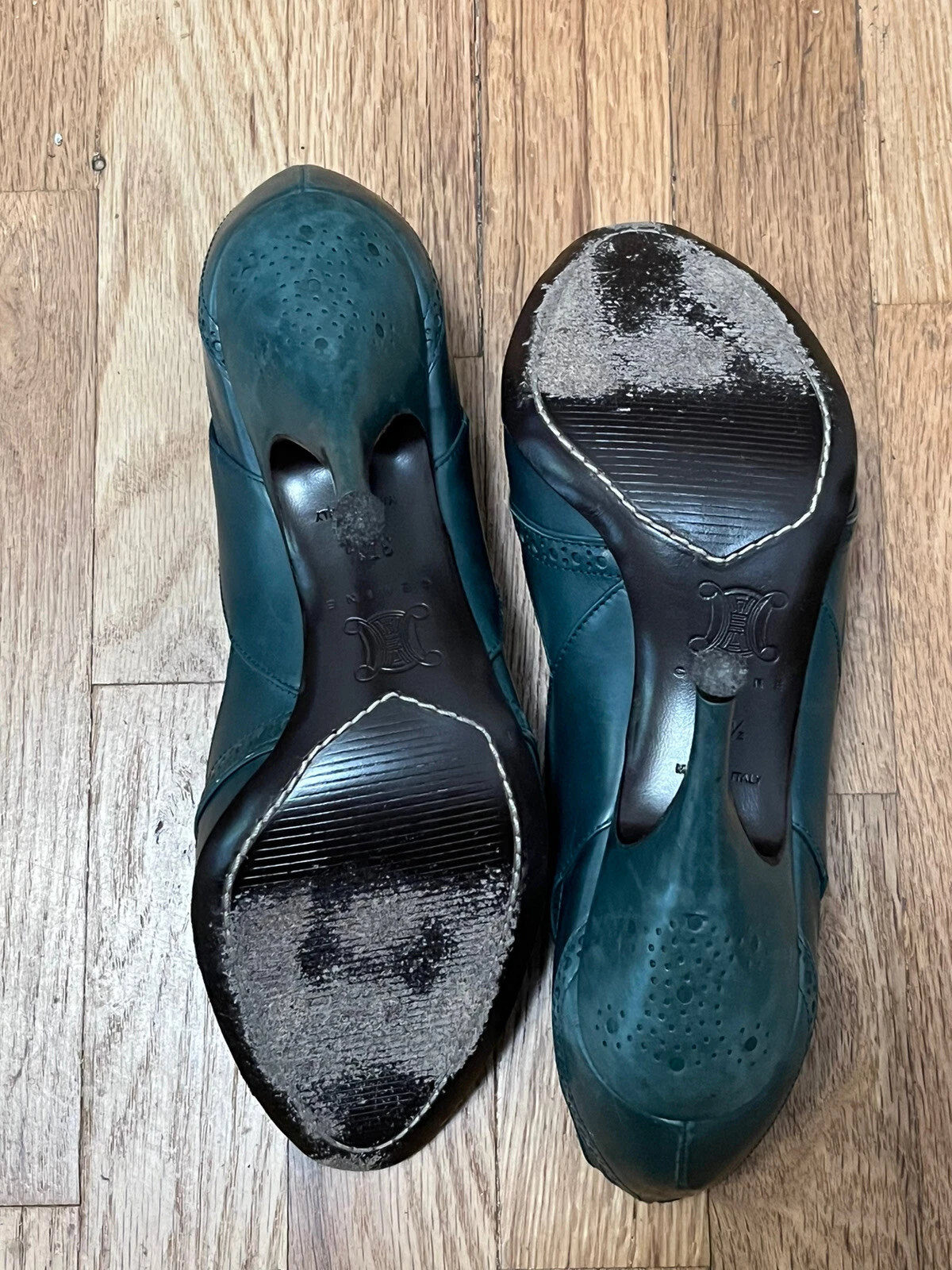 CELINE VERDE ACQUA BLU PELLE ABITO PUNTA APERTA SCARPE CON TACCO 37 5 7 5