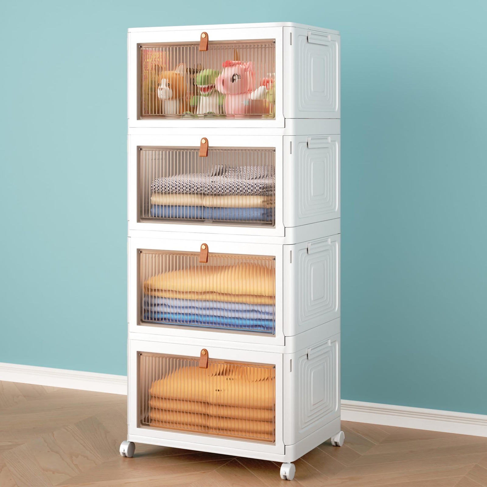 4 Tier Stackable Plastic Storage Bins with Lid and Wheels - 23 QT Closet Orga...