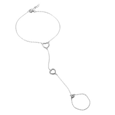 STERLING SILVER DOUBLE OPEN HEAR CHAIN FINGER BRACELET W/ SIMULATED DIAMONDS