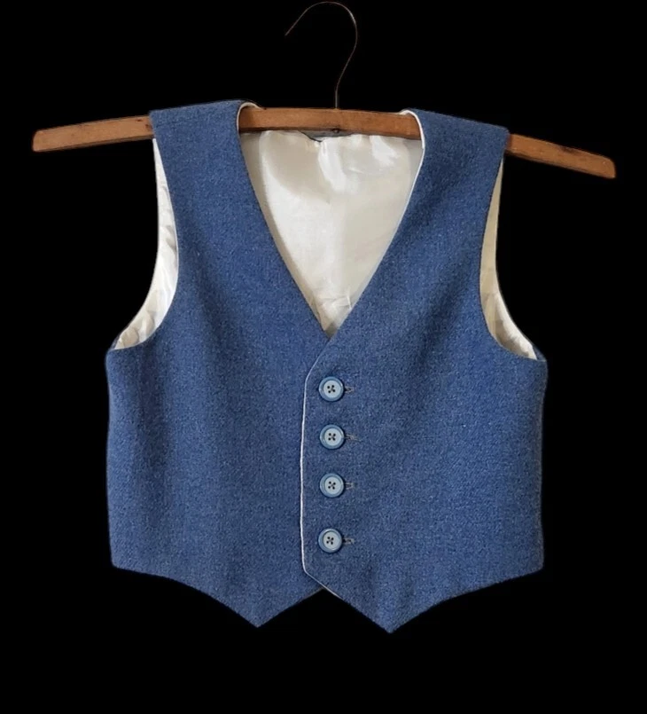 Chaleco vintage hecho a mano sin mangas forrado mezcla de lana azul jóvenes niños talla pequeña Foto 4 de 4