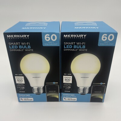 Lot of 2: Merkury Innovations Smart Wi-fi Led Bulb Dimmable White 60w 800 Lumens