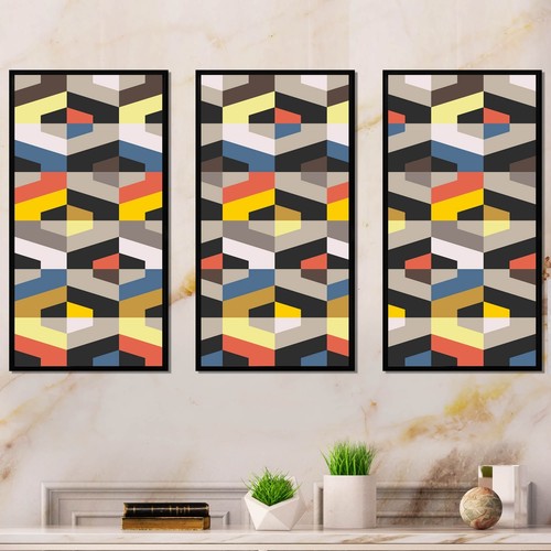 Designart "Yellow Blue And Orange Geometrics" Patterned Framed Wall Art