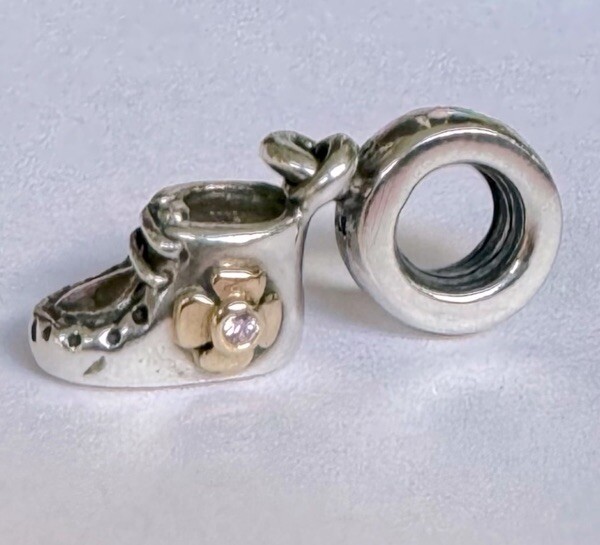 Authentic Pandora Sterling Silver 14K Gold Baby Bootie Girl Dangle