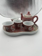 Vintage Miniature Chinese Enameled Porcelain Tea Sake Set Pink Made in China