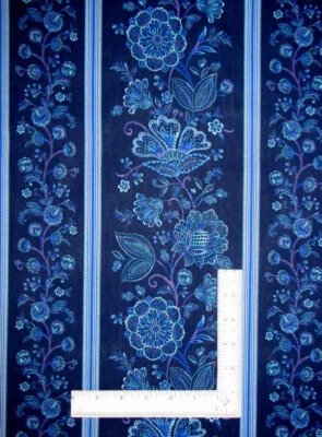 Floral Border Stripe Fabric By The Yard Indigo Cotton Timeless Treasures CD3412