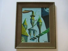 VINTAGE SURREALIST PAINTING SURREALISM MODERNISM ABSTRACT CLOCK TOWER WHIMSICAL