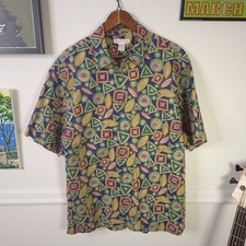 Vintage 90's Abstract Geometric Print Loop Collar Rayon Shirt Sz M Cotton