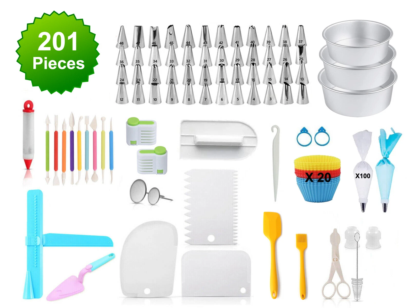 201 Pcs Kitchen Baking Accessories Cake Decorating Removable Bottom Cake Pans
